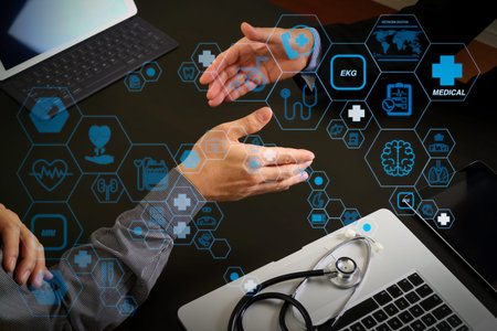 Health care and medical technology services concept with flat line AR interface.Medical and...