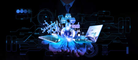 Software Engineer Businessman hands show all innovation technology virtual dashboard and 3d world and elements of innovation concept.の写真素材