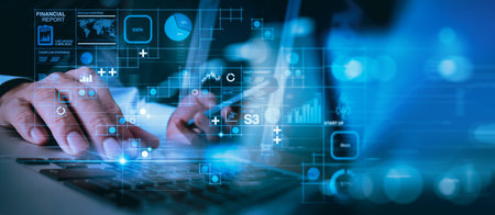 Financial report data of business operations balance sheet and income statement and diagram as...