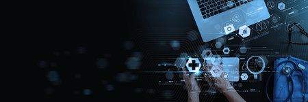 Top view Medicine doctor using smartphone diagnose virtual electronic medical record of patient on...