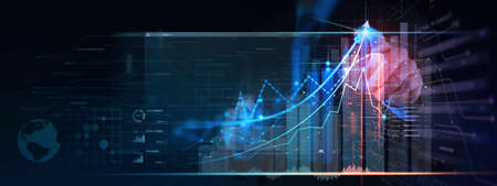 Businessman working with modern computer virtual dashboard analyzing finance sales data and economic growth graph chart and block chain technology.の写真素材