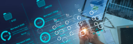 Top view Business developer hand using Kanban board framework on virtual modern computer showing...