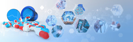 Medical 3d Capsules Pills spilling out of pill bottle on background,medical network concept Health care and medical services conceptの写真素材