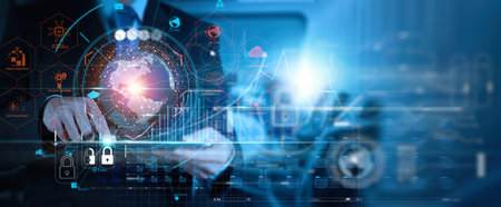 Cyber security and data protection Business Intelligence, businessman and digtal tablet global...