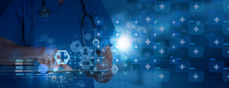 Medical doctor hand holding digital tablet Chatbot conversation app interface and artificial intelligence technology processing virtual assistant with customer support information.の写真素材