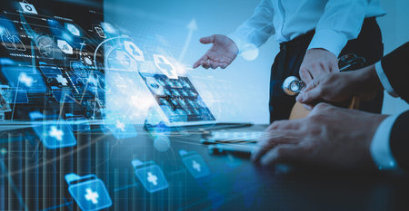 Medical co working concept,Doctor working with smart phone and digital tablet and laptop computer to...