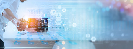 Healthcare and medical.Doctor working with laptop computer show blue cross of healthcare with and medical diagnosis of patient. Digital healthcare and network connection global and data research concept.の写真素材