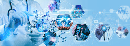 Doctor with virtual globe  healthcare network connection concept.Science and medical innovation technology future sustainable smart services and solutions in global research networks.の写真素材