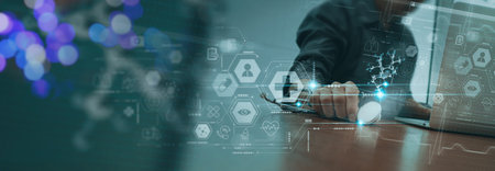 Medicine doctor using modern Vr computer diagnose virtual electronic medical record of patient on interface.Digital healthcare and network on modern virtual screen, 3d DNA molecule technology and futuristic concept.の写真素材