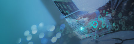 Doctor with laptop healthcare network connection concept.Science and medical innovation technology future sustainable smart services and solutions in global research networks.の写真素材