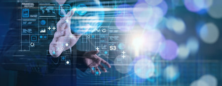 Financial report data of business operations balance sheet and income statement and diagram as future concept.businessman hand woring modern innovation computer dasboard.の写真素材