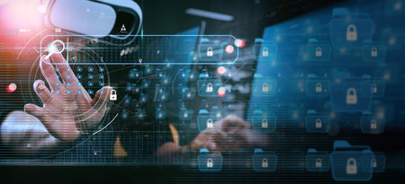 Businessman wearing VR glasses virtual Global Internet connection metaverse,future technology.Document Management System, online documentation database and process automation to efficiently manage files.の写真素材