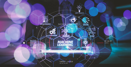Businessman hand working with a digital tablet computer.Machine learning technology diagram with artificial intelligence (AI),neural network,automation,data mining in VR screen.の写真素材