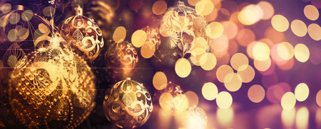 Greeting Season concept.close up of ornaments on a Christmas tree with decorative light background.の写真素材