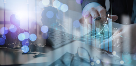 Businessman working with modern computer calculator virtual dashboard analyzing finance sales data and economic growth graph chart and  account report technology.の写真素材