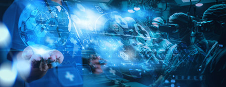 Medicine doctor hand working with modern computer virtual dashboard as medical network concept Health care and medical services concept with world or global form and AR interface.の写真素材