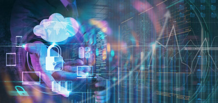 Businessman hand showing a Cloud Computing Cyber security and data protection information privacy internet technology concept.の写真素材