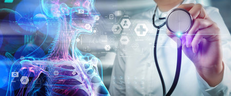 Cardiologist Doctor, Surgeon analyzing patient heart testing result and human anatomy on digital futuristic virtual interface, Digital holographic, AI, Technology, innovation in science and medicine.の写真素材