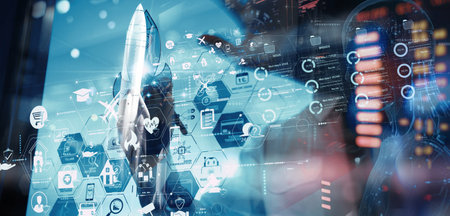 Businessman working on modern computer showing Ai Startup concept with icon business and network...