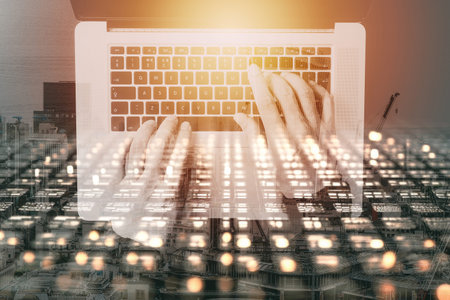 Data scientists. Man programmer using laptop analyzing and development at various information on...
