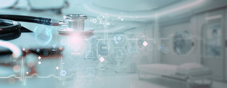 Science. Medical technology. Cardiologist doctor examine heart functions and check up report electronic medical record of patient on tablet. Digital healthcare and network connection on interface.の写真素材