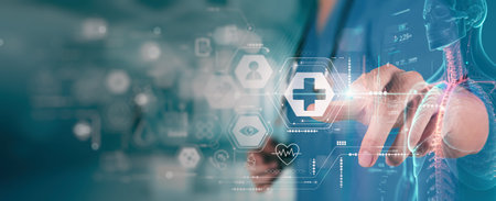 Medicine doctor using modern computer diagnose virtual electronic medical record of patient on interface.Digital healthcare and network on modern virtual screen, DNA medical technology and futuristic concept.の写真素材