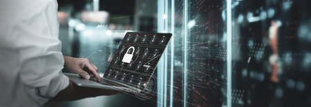 Data analytics,Internet Business, Digital technology, Network and cybersecurity of data center with engineer working in a server room computer,  troubleshooting with a programmerの写真素材