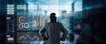 Person using online trading interface with charts and statistics on VR computer screen to analyze ETF and ticker price evolution. Sell or buy..Stock exchange trading data and financial investment.の写真素材