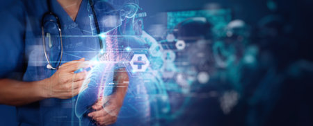 Medical technology. Health care, Medicine doctor using virtual reality headset with robots to research and testing result of patients on virtual interface, VR, innovation and science to futureの写真素材