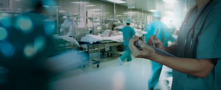 Doctor fills out checklist in the tablet in very busy in the hospital background.の写真素材