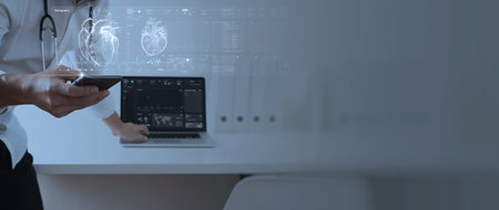 Cardiologist doctor examine patient heart functions and blood vessel withsmatphone on virtual Mri interface. Medical technology and healthcare treatment to diagnose heart disorder.の写真素材