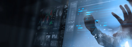 Project manager working and update tasks with milestones progress planning and professional investor...