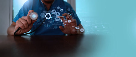 Medical technology, doctor use AI robots for diagnosis, care, and increasing accuracy patient treatment in future. Medical research and development innovation technology to improve patient healthの写真素材