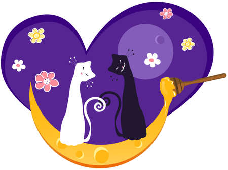 Cats and Honey Moon Valentine's Day Design Elementのイラスト素材