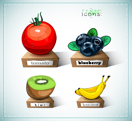 Fruit icons on wooden platesのイラスト素材
