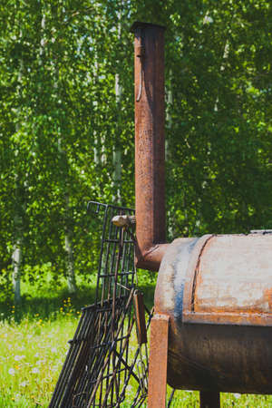 An old round metal wood-burning stove with a chimney, a summer birch forest background, a meadow with dandelions.の写真素材
