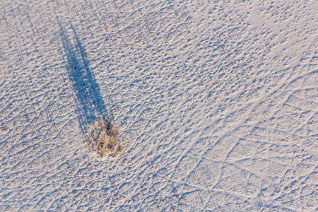 Winter landscape, tracks in the form of a wild goat and wild boar trail in the snow, top view, at the foot of the Badzhalsky mountain range in the far East of Russia.の写真素材