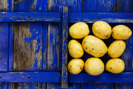 Potatoes, fresh vegetables on the background of a wooden blue retro texture, copy space.の写真素材