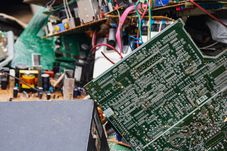 Old computer chip, garbage disposal in a junkyard.