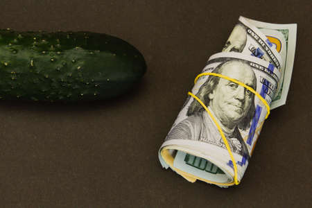 Rolled-up American dollar bills. Close-up of rolled banknotes lie side by side with the green cucumber on a brown background.の写真素材