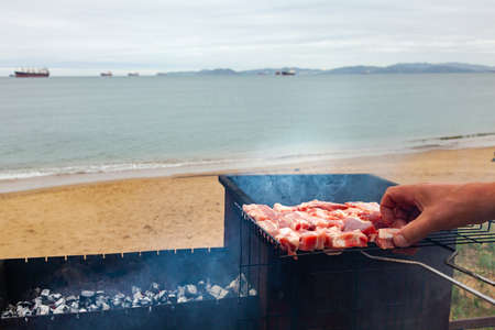 Grilled meat, hand lays pork on the grill over the coals on the background of the sea coast and ships, relaxing on the beach.の写真素材