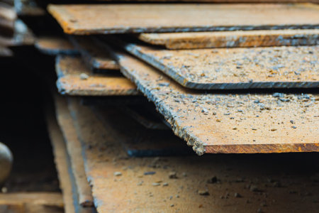Scrap yard, cut metal sheets, metal waste disposal.の写真素材