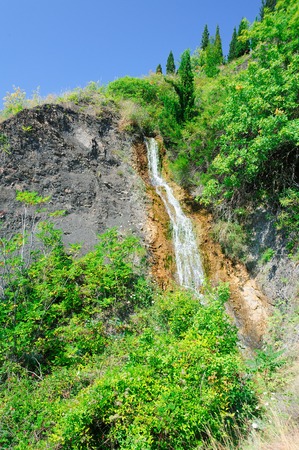 A small waterfall in the midst of green plants. Located between the villages of Malorechenskoye and Solnechnogorskoe. Crimea, Russia, July 2018の写真素材