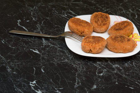 cutlet and  a fork on  white plate on  marble table. Photoの写真素材