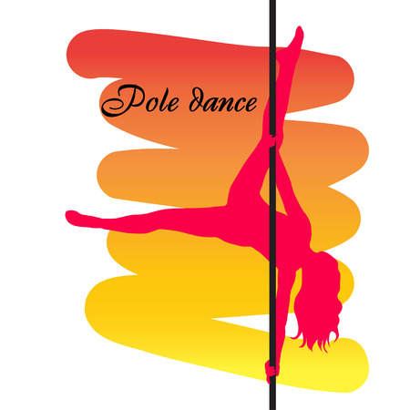 Pole dancer with long hair  on the pole  on the yellow  red background. Vector illustrationのイラスト素材