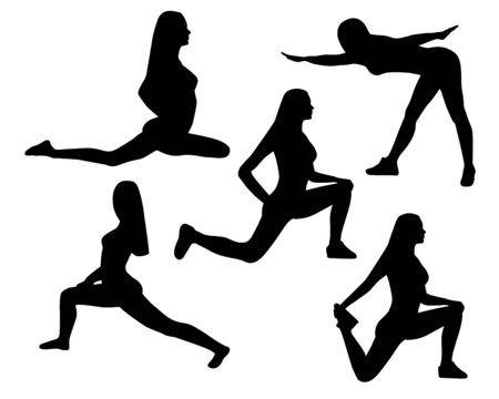 black Silhouettes of Women in Yoga poses and sport exercises isolated on a white background, vector illustrationのイラスト素材