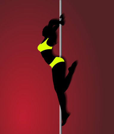 Pole dancer in bright yellow clothes sexy silhouette on red background.The vector illustrationのイラスト素材