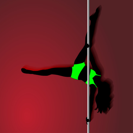 Pole dancer  in bright green sport clothes. sexy silhouette on red background. The vector illustrationのイラスト素材