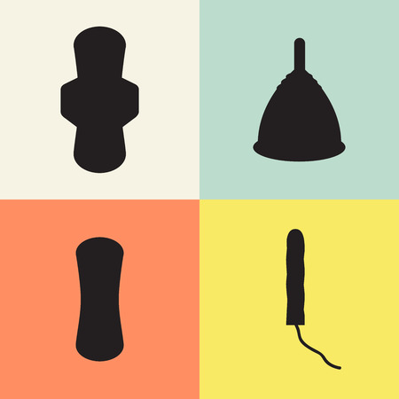 Pad, menstrual cup and tampon set. Image isolated on blue, yellow, white background. Vector illustrationのイラスト素材