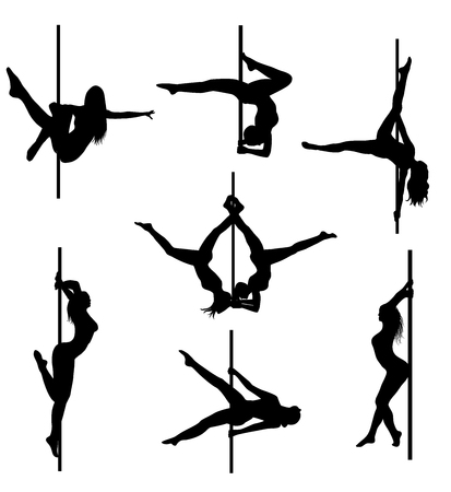 Set  Silhouettes of sexy pole dancers. Women  on the pole.  The vector illustrationのイラスト素材